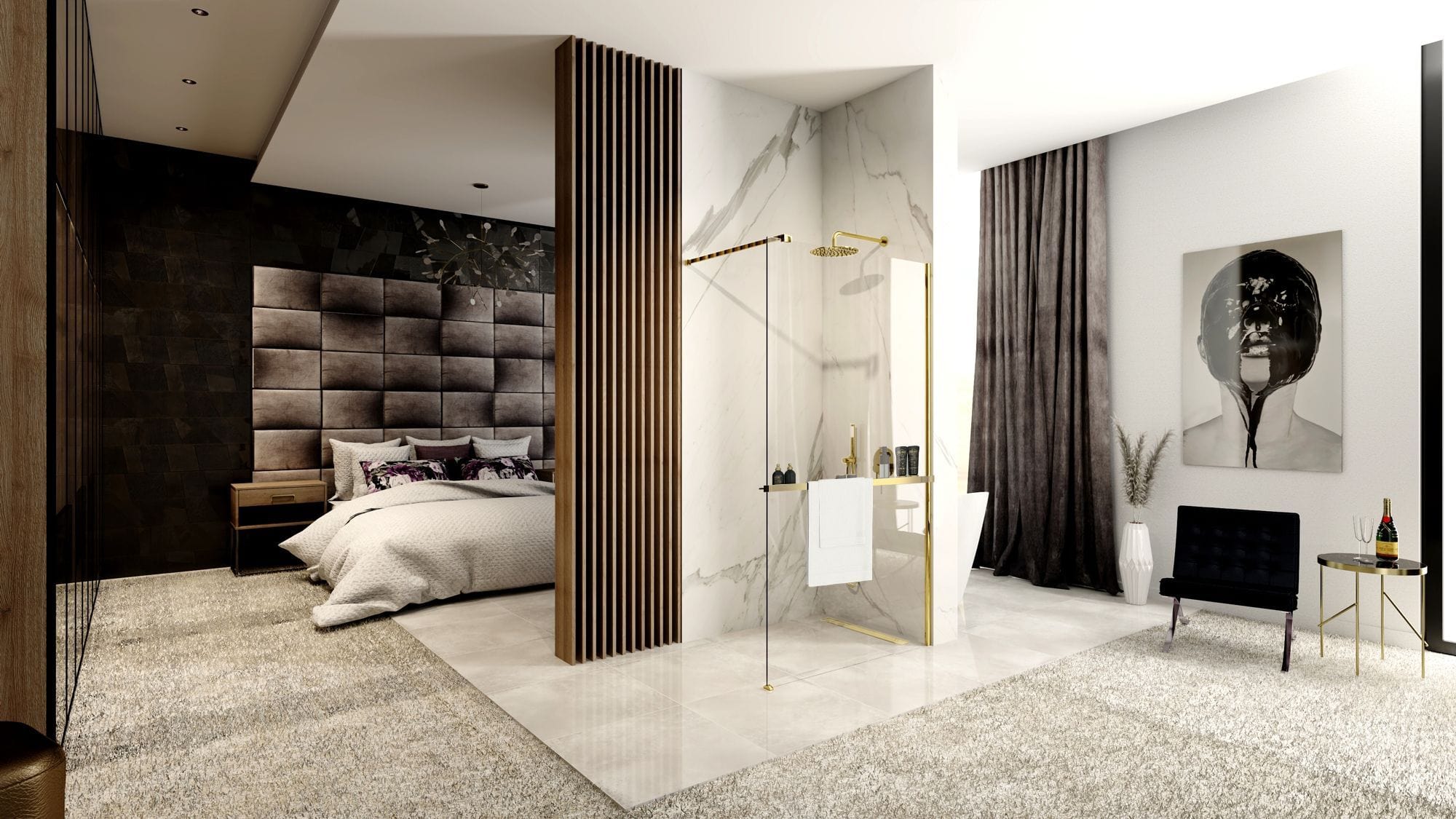 Paravan de dus Rea Aero Evo, tip walk-in, cu suport de prosop, auriu, 120 cm