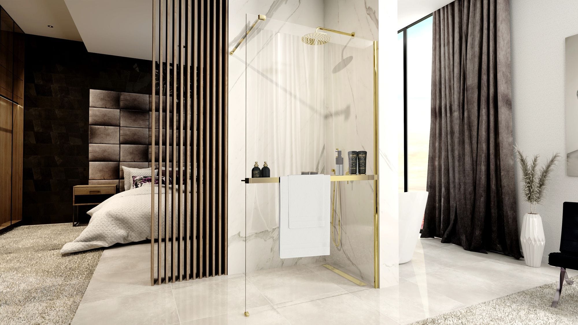 Paravan de dus Rea Aero Evo, tip walk-in, cu suport de prosop, auriu, 120 cm