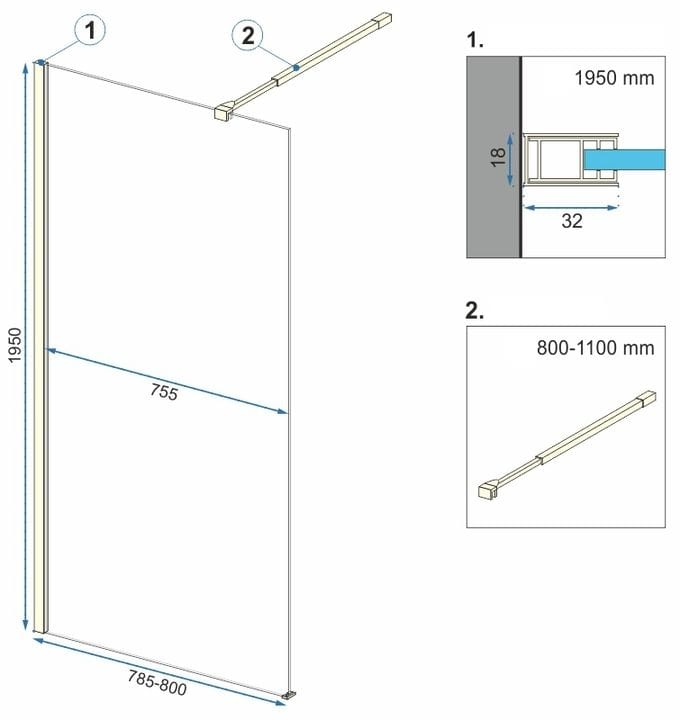 Paravan de dus Rea Aero Evo, tip walk-in, cu suport de prosop, auriu, 80 cm