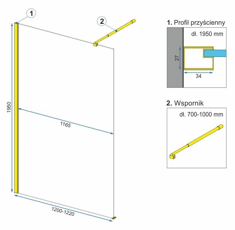 Paravan de dus Rea Aero Ombre, auriu periat, 120 cm