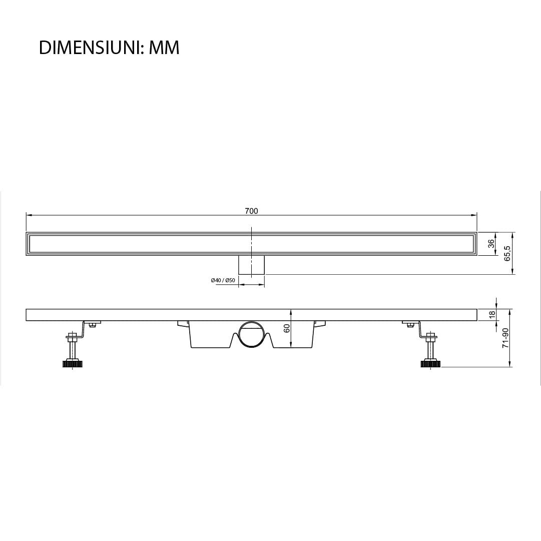 Rigola de dus Elysium Aquatrap Slim, din otel inoxidabil, 70 cm, negru mat