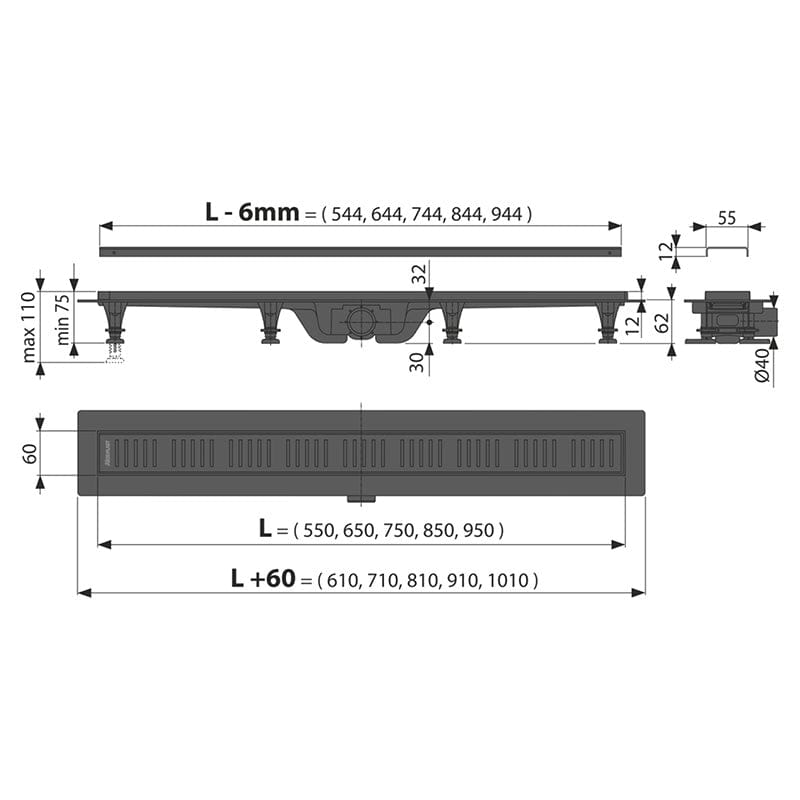Rigola pentru dus cu gratar inclus de 650mm, Alcaplast, Simple, finisaj negru mat