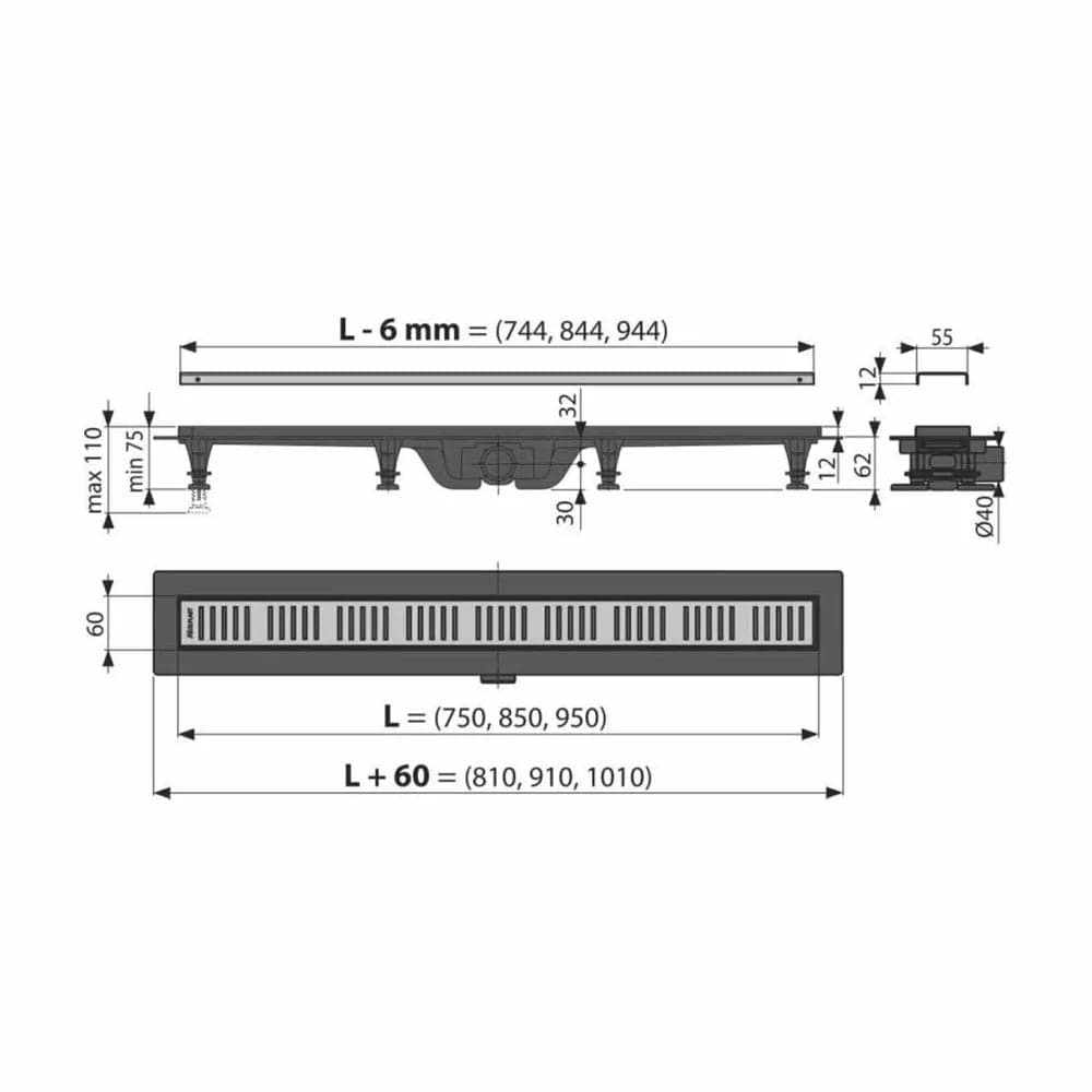 Rigola pentru dus cu gratar inclus de 750mm, Alcaplast, Simple, finisaj negru cu auriu