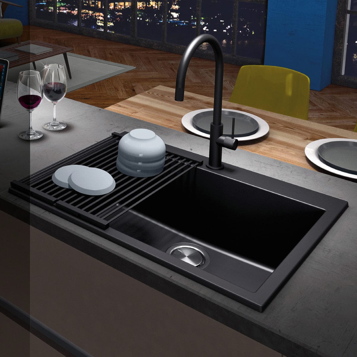 Scurgator multifunctional / Gratar / Suport vase pliabil negru CookingAid Folding Mat Black pentru chiuvete, cod:6033