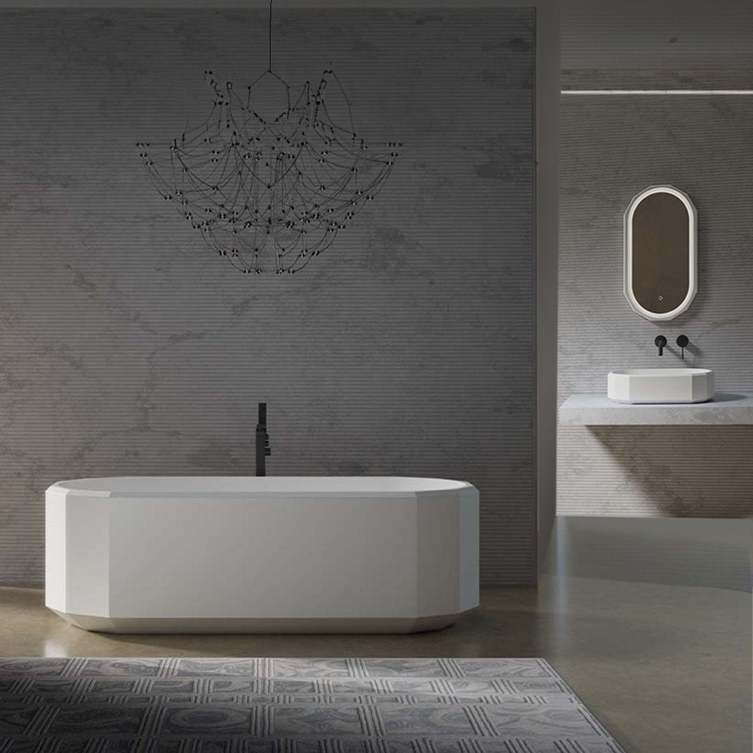 Set baie Beryl, cada de 170 cm, lavoar si oglinda, din compozit, alb mat, MonBlari