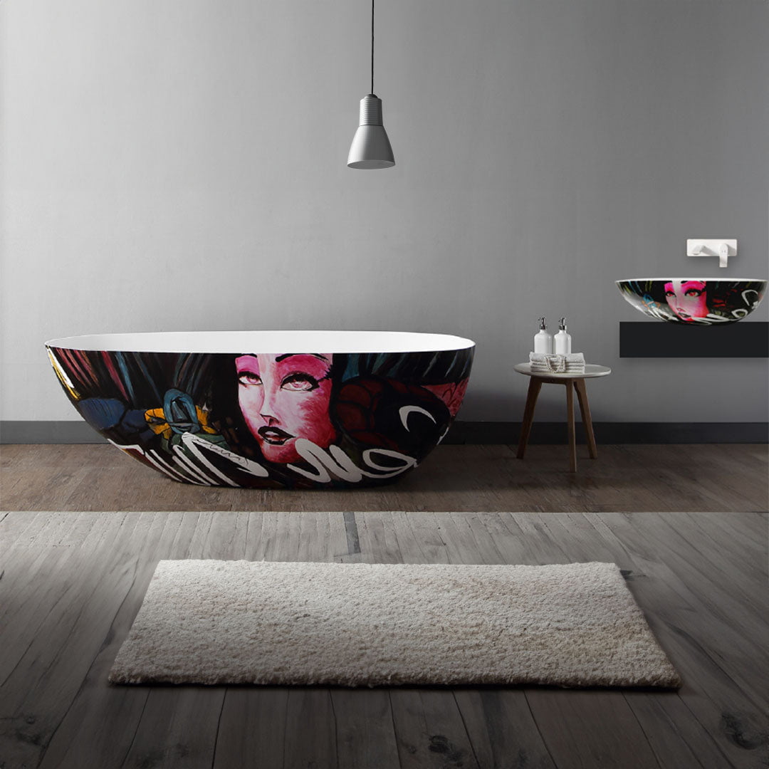 Set baie, cada de 150 cm freestanding cu lavoar pe blat, din compozit, cu model decorativ, MonBlari