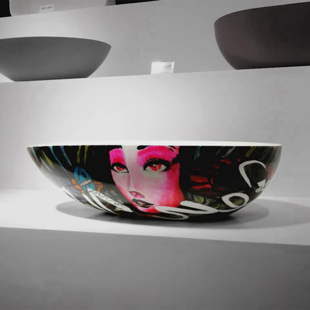 Set baie, cada de 150 cm freestanding cu lavoar pe blat, din compozit, cu model decorativ, MonBlari