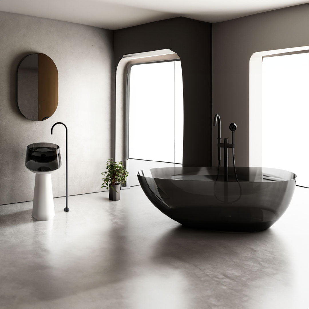 Set baie, cada de 160 cm cu lavoar freestading, din rasina, negru transparent, MonBlari