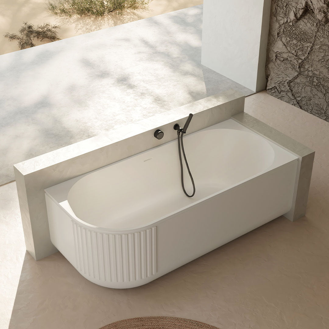 Set baie, cada de 170 cm cu lavoar freestanding, din compozit, alb mat, cu riflaje, MonBlari