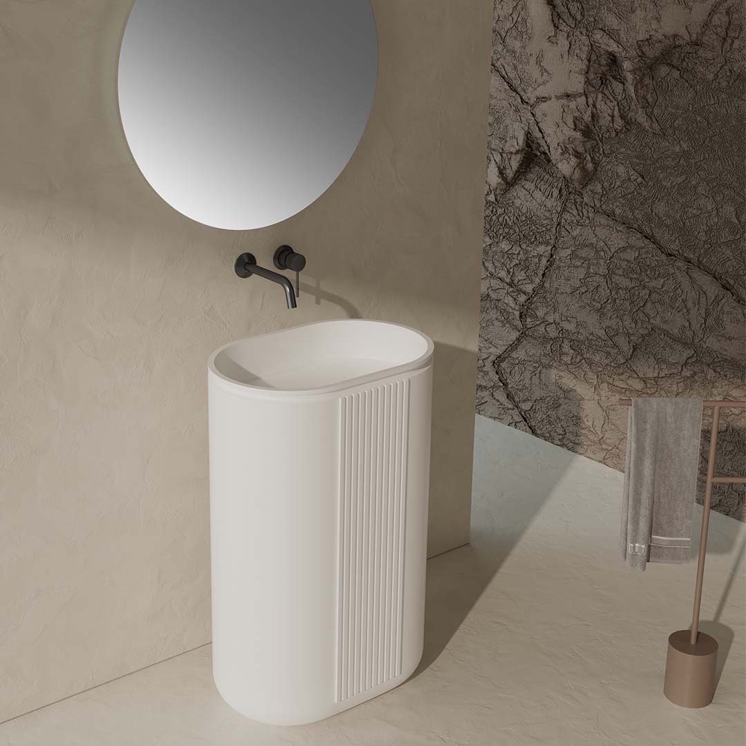Set baie, cada de 170 cm cu lavoar freestanding, din compozit, alb mat, cu riflaje, MonBlari
