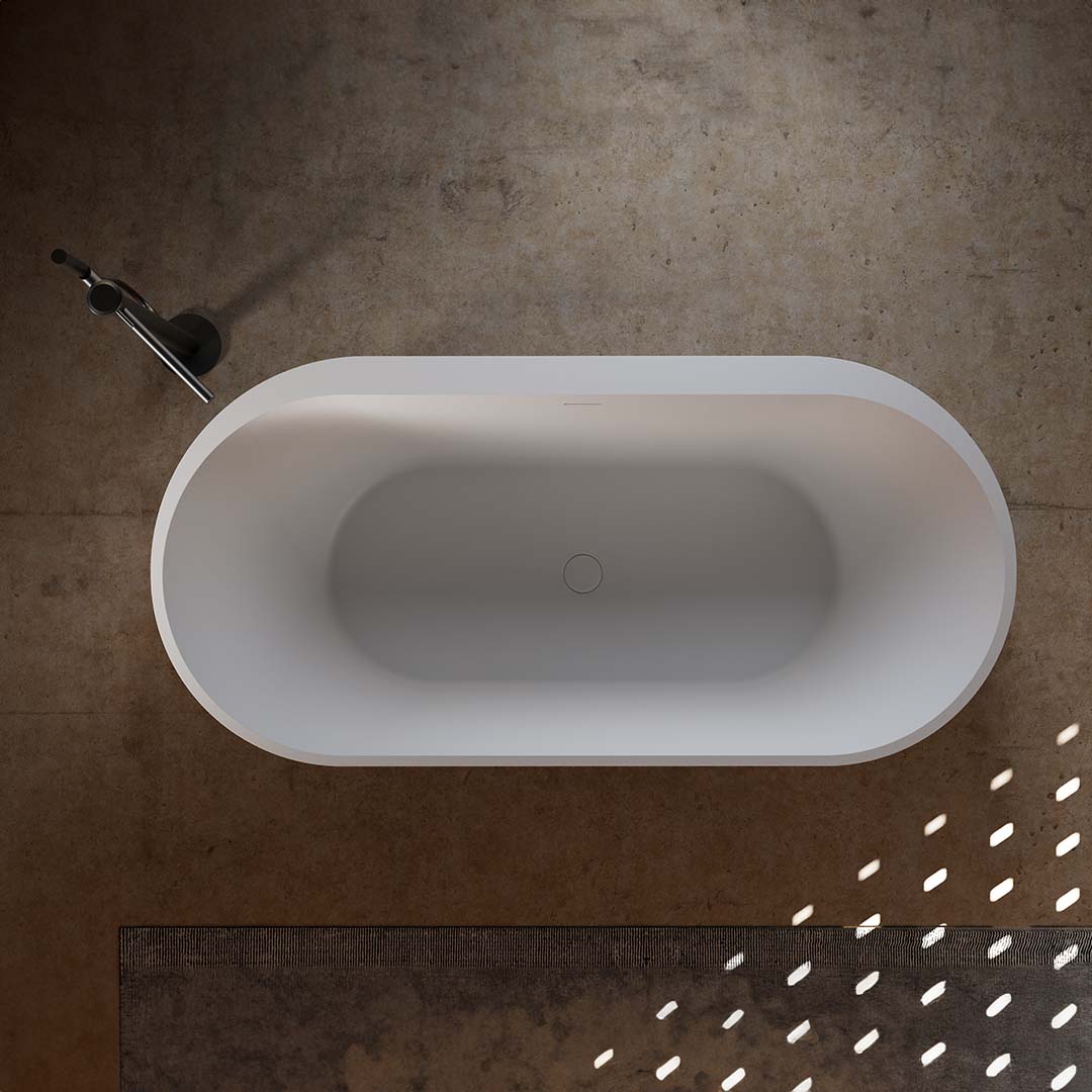 Set baie, cada de 170 cm freestanding cu lavoar pe blat, din compozit si lemn, alb mat cu lemn stejar, MonBlari