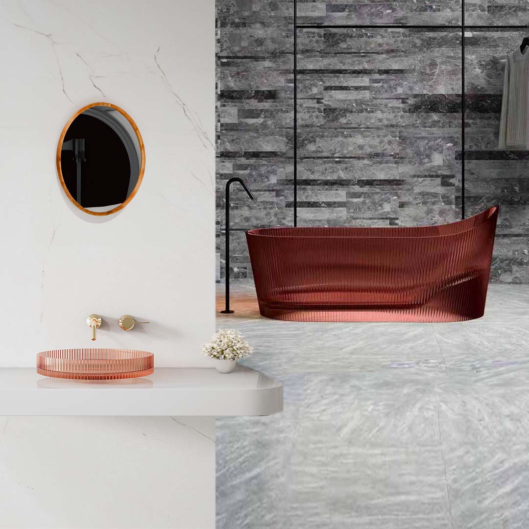 Set baie, cada de 170 cm freestanding cu lavoar pe blat, din rasina, cu riflaje, maro transparent, MonBlari