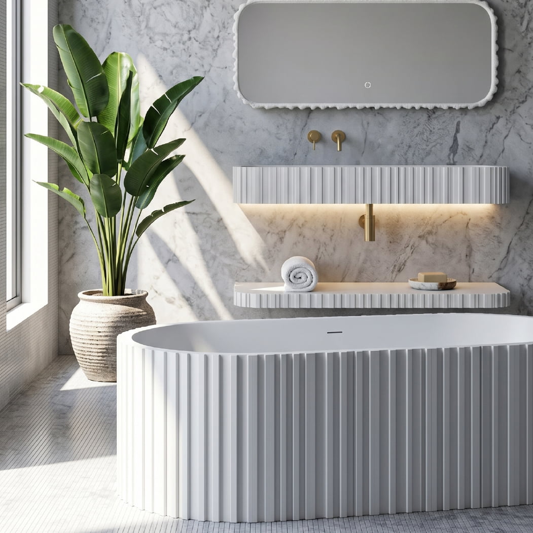 Set baie, cada de 170 cm freestanding si lavoar cu raft si oglinda LED, din compozit, cu riflaje, alb mat, MonBlari