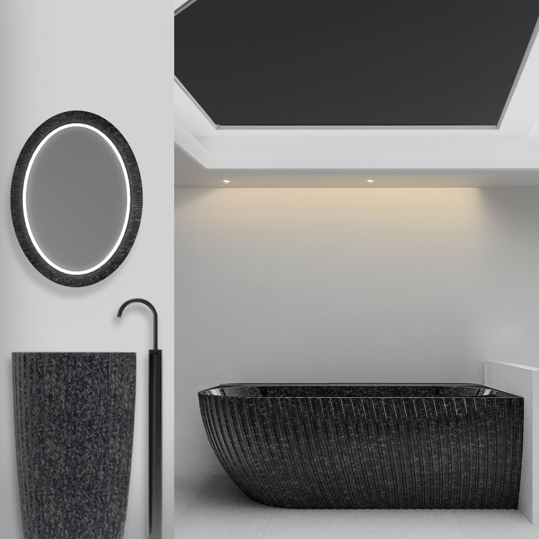 Set baie, cada de colt, cu lavoar freestading si oglinda, din fibra de carbon, negru mat, MonBlari