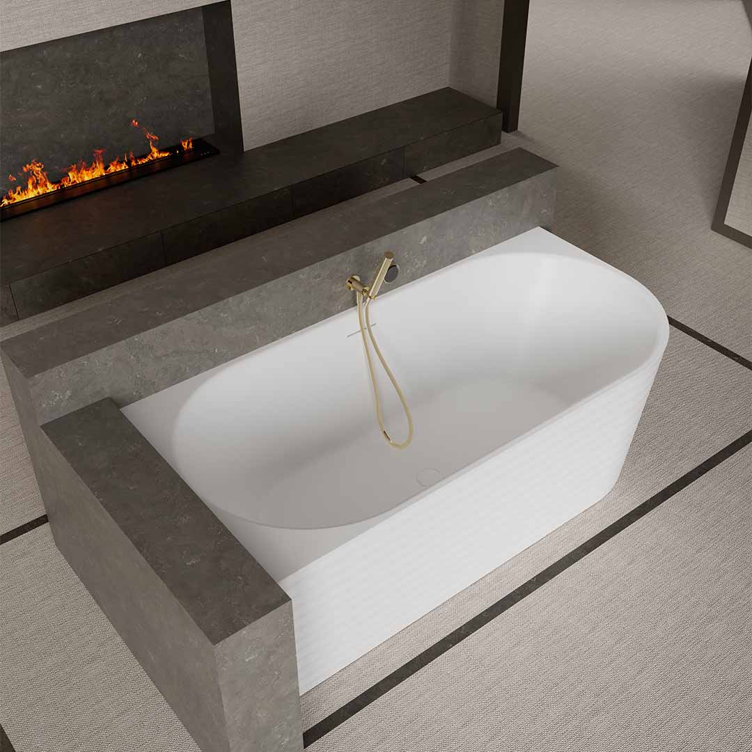 Set baie, cada de colt stanga 170 cm cu lavoar freestanding si oglinda LED, din compozit, alb mat, MonBlari