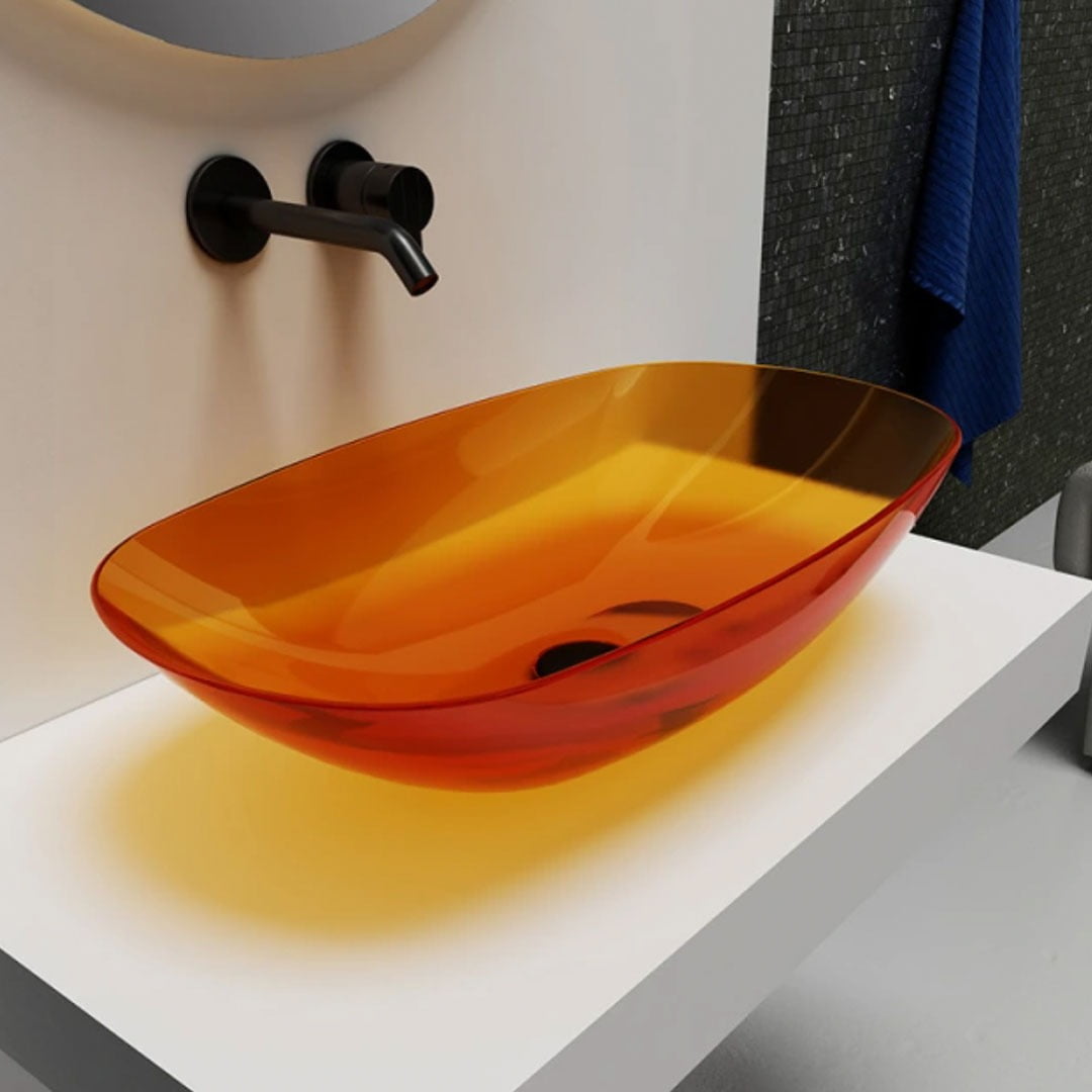 Set baie, cada freestanding cu functie jacuzzi si lavoar pe blat, din rasina, maro transparent, MonBlari