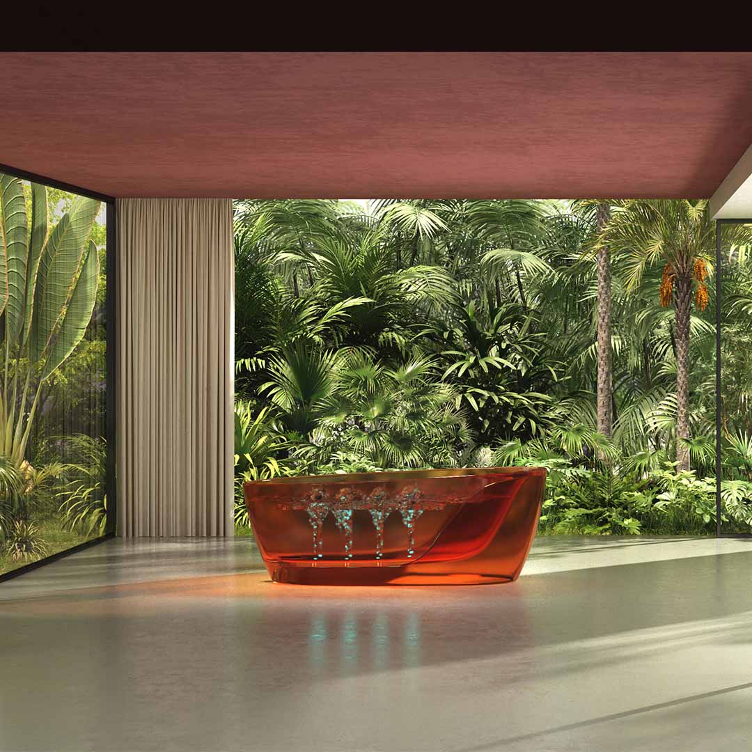 Set baie, cada freestanding cu functie jacuzzi si lavoar pe blat, din rasina, maro transparent, MonBlari