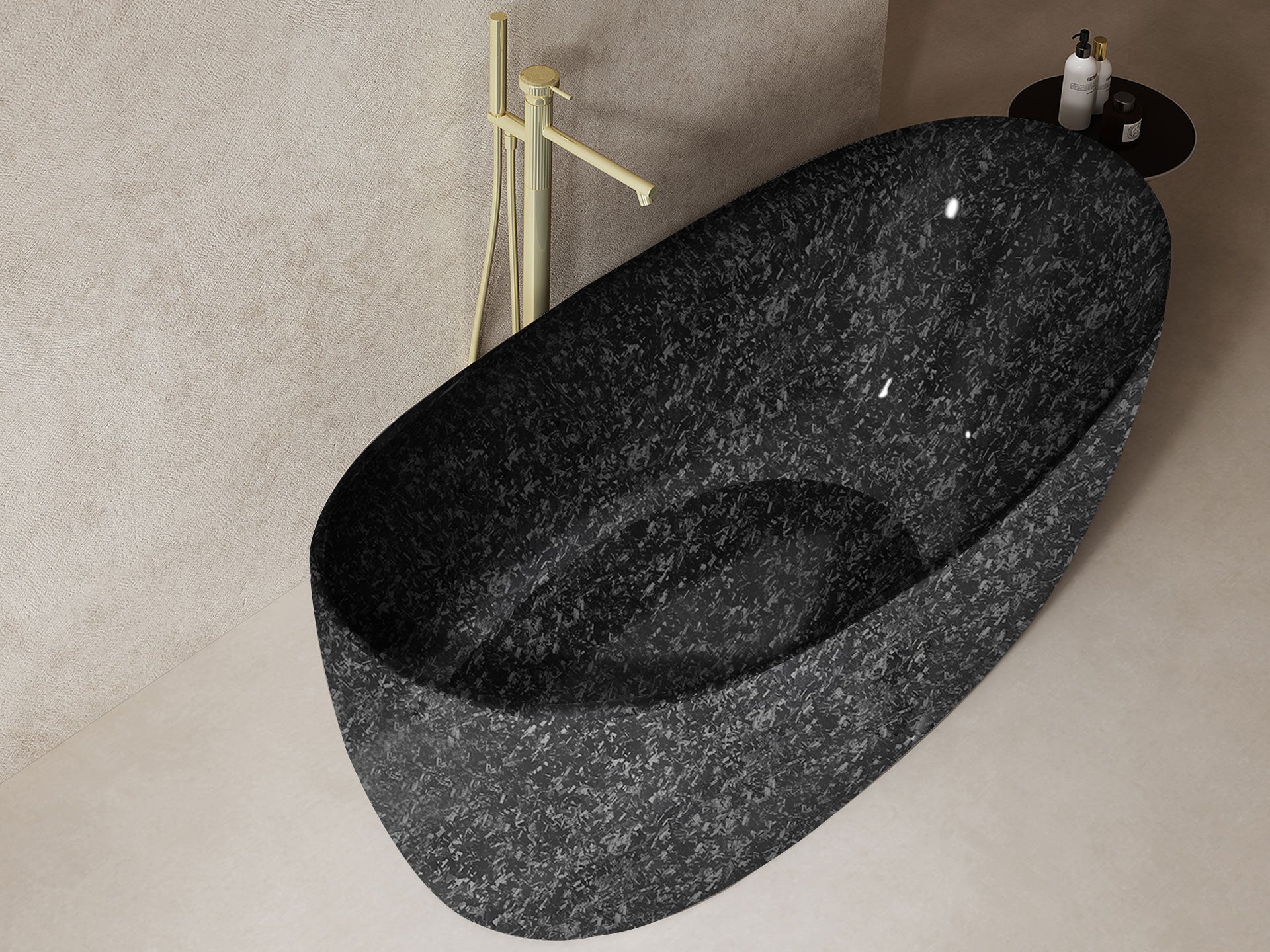 Set baie, cada freestanding, cu lavoar freestading si oglinda, din fibra de carbon, negru mat, MonBlari