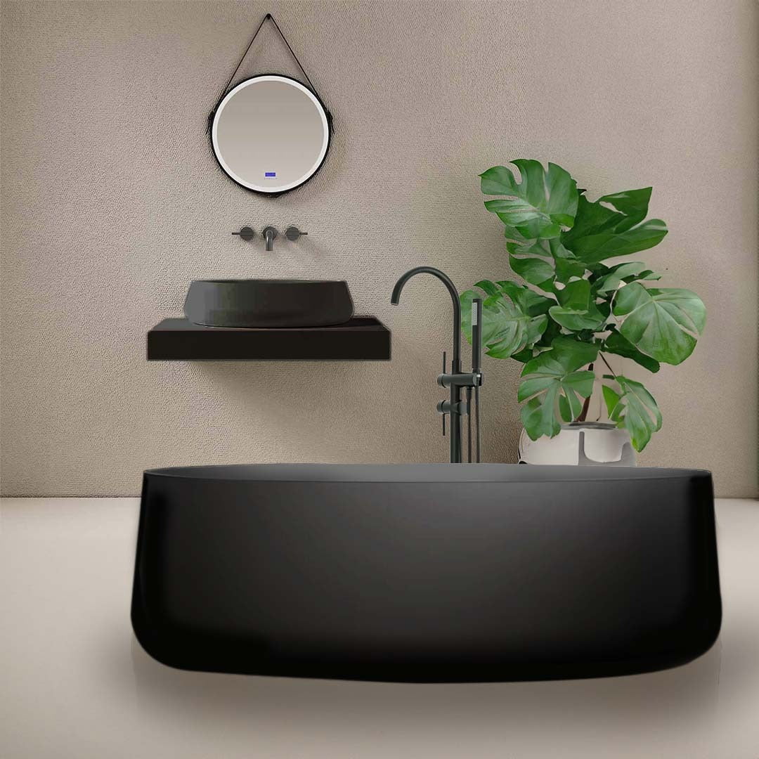 Set baie, cada freestanding de 176 cm din acril, cu lavoar pe blat din compozit, negru mat, MonBlari