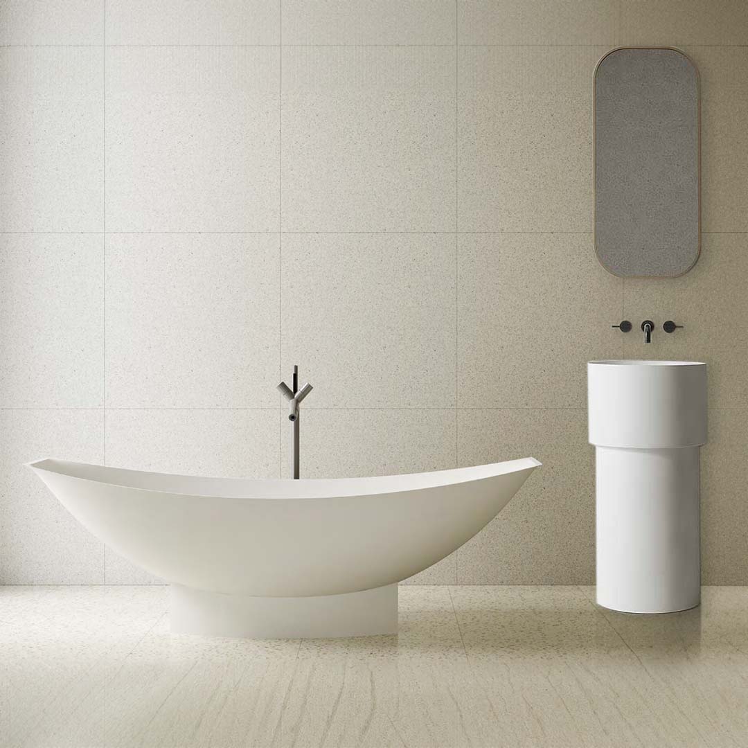 Set baie, cada freestanding de 180 cm cu lavoar, din compozit, alb mat, MonBlari