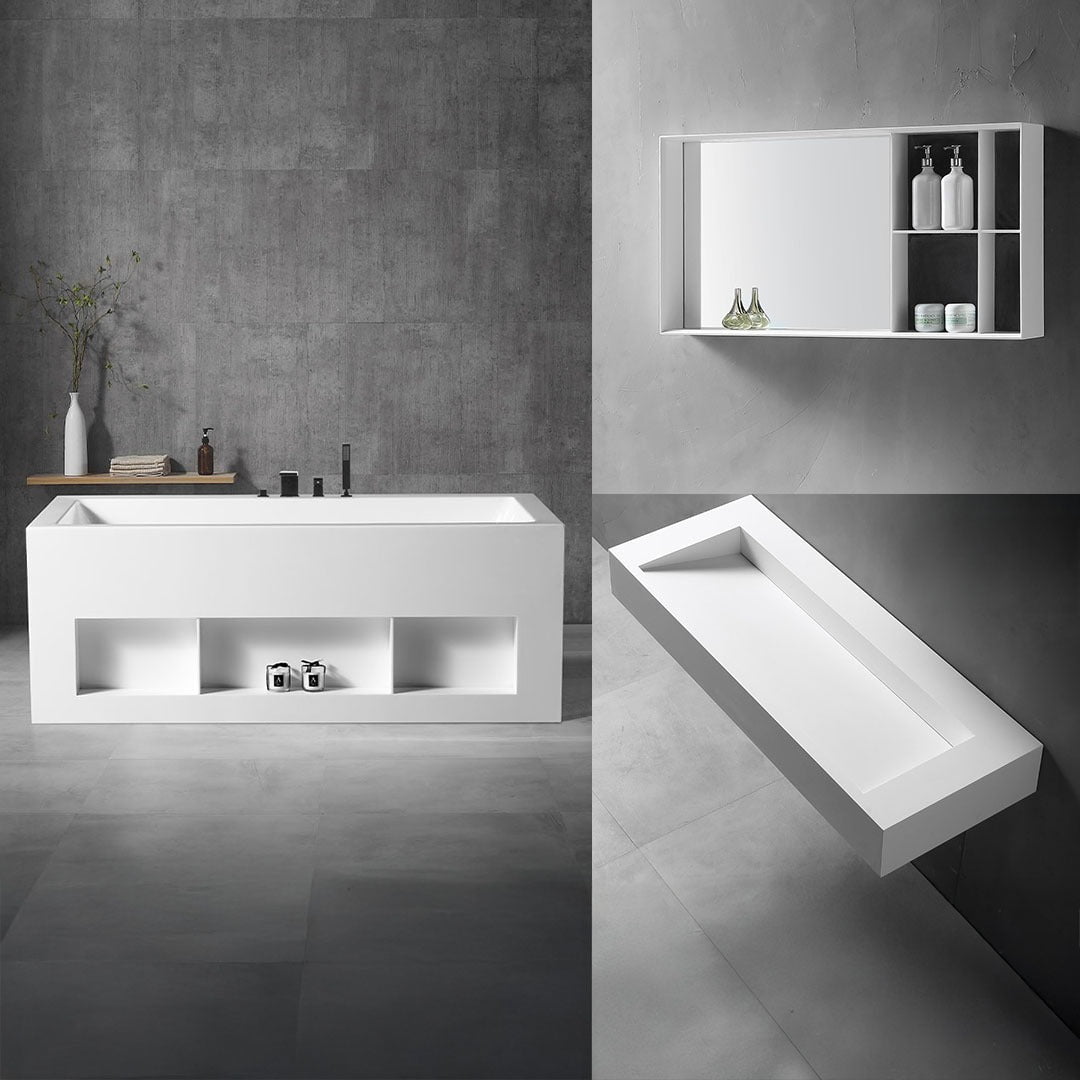 Set baie, cada freestanding din acril cu spatii de depozitare, lavoar pe perete si oglinda cu rafturi, alb, MonBlari