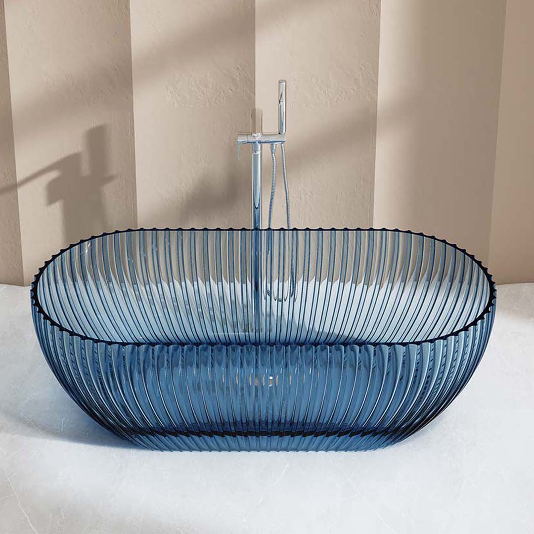 Set baie, cada freestanding si lavoar pe blat, din rasina, albastru transparent, MonBlari
