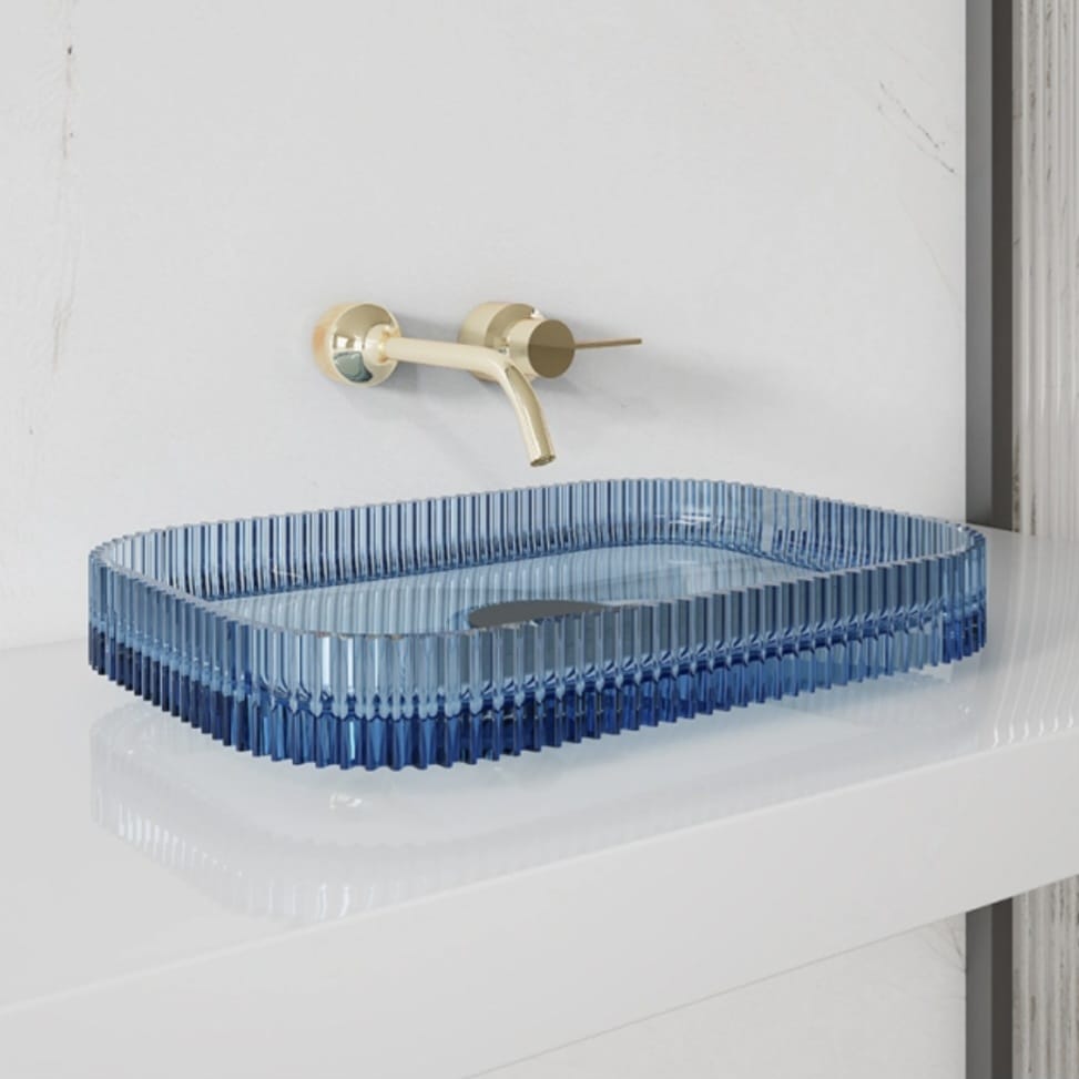 Set baie, cada freestanding si lavoar pe blat, din rasina, albastru transparent, MonBlari