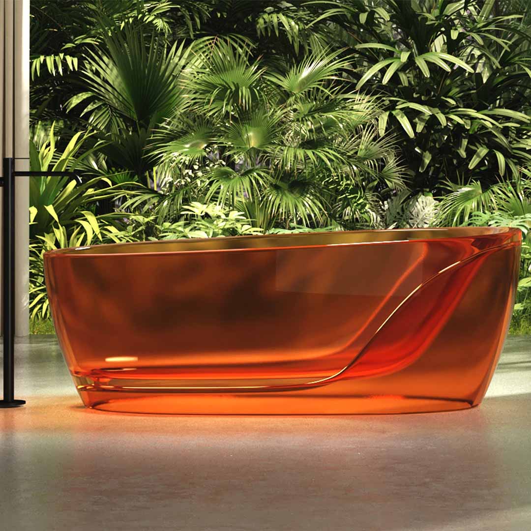 Set baie, cada freestanding si lavoar pe blat, din rasina, maro transparent, MonBlari