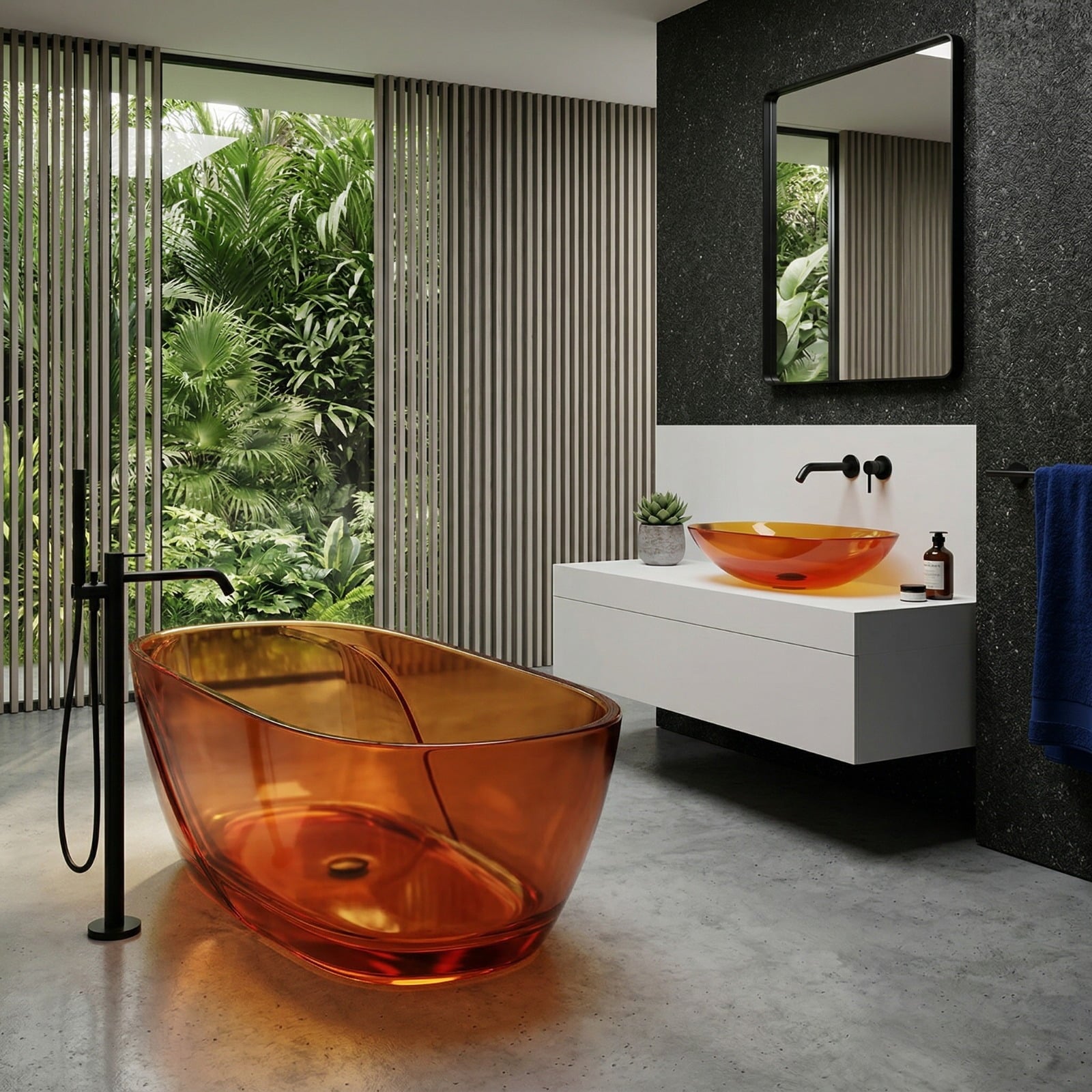 Set baie, cada freestanding si lavoar pe blat, din rasina, maro transparent, MonBlari