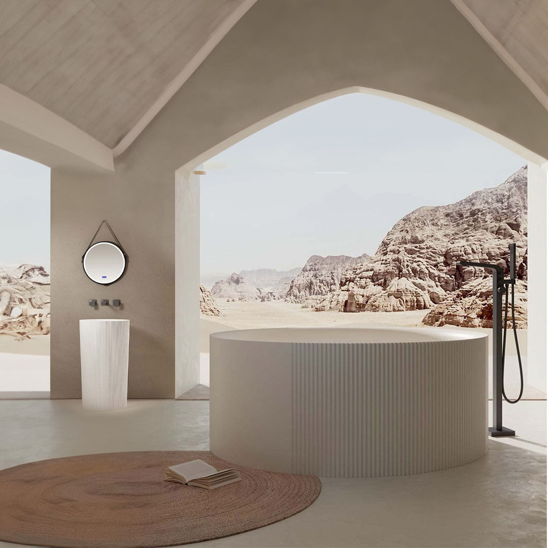 Set baie, cada rotunda cu functie de jacuzzi din acril si lavoar freestanding din compozit, alb lucios, MonBlari