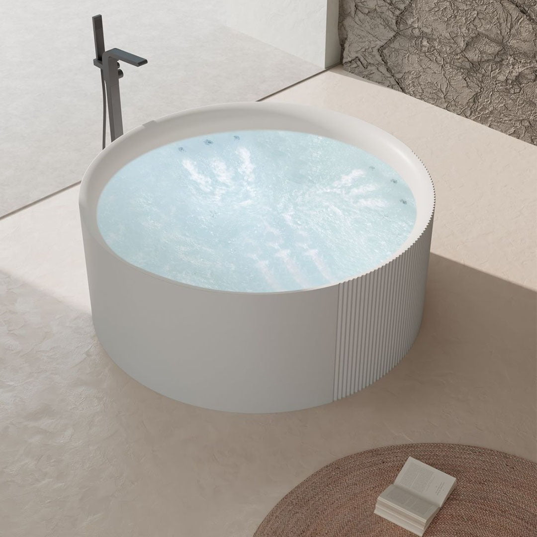 Set baie, cada rotunda cu functie de jacuzzi din acril si lavoar freestanding din compozit, alb lucios, MonBlari