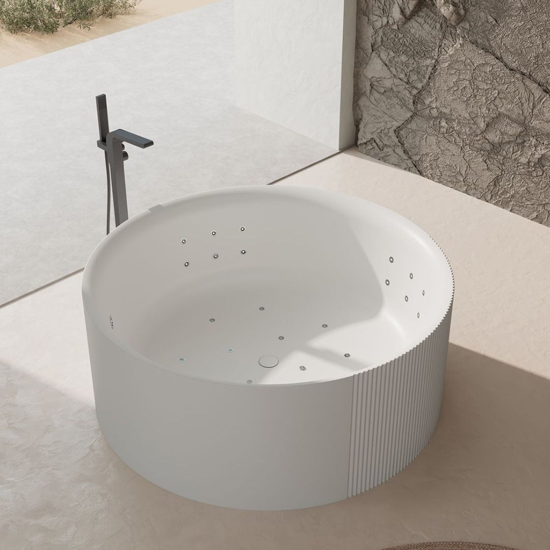 Set baie, cada rotunda cu functie de jacuzzi din acril si lavoar freestanding din compozit, alb lucios, MonBlari
