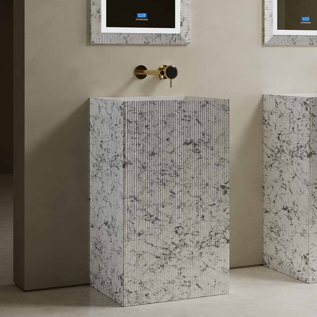 Set baie, cada si lavoar freestanding cu oglinda, din compozit, alb/gri mat, MonBlari