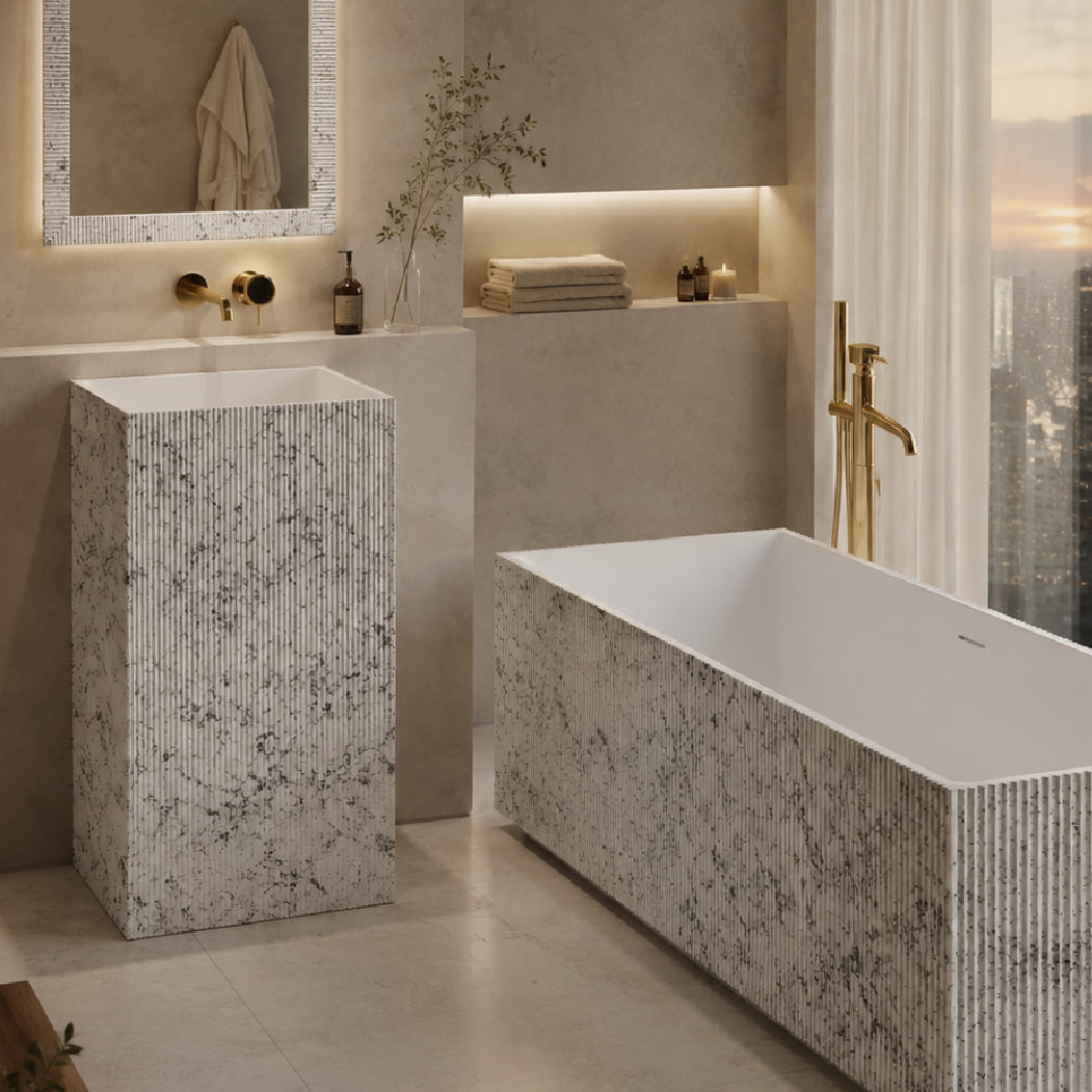 Set baie, cada si lavoar freestanding cu oglinda, din compozit, alb/gri mat, MonBlari