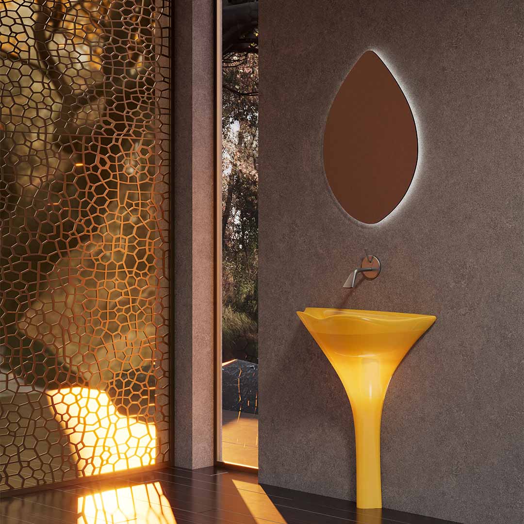 Set baie Ginknova, cada si lavoar in forma de floare, din rasina, galben, MonBlari