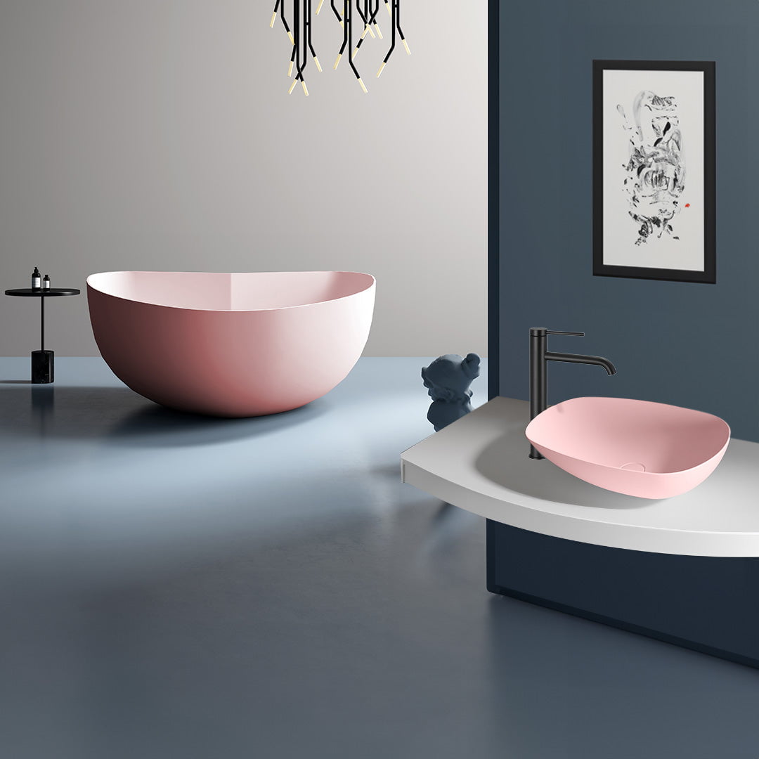 Set baie Hearth, cada freestanding din acril de 150 cm in forma de inima si lavoar pe blat din compozit, roz mat, MonBlari