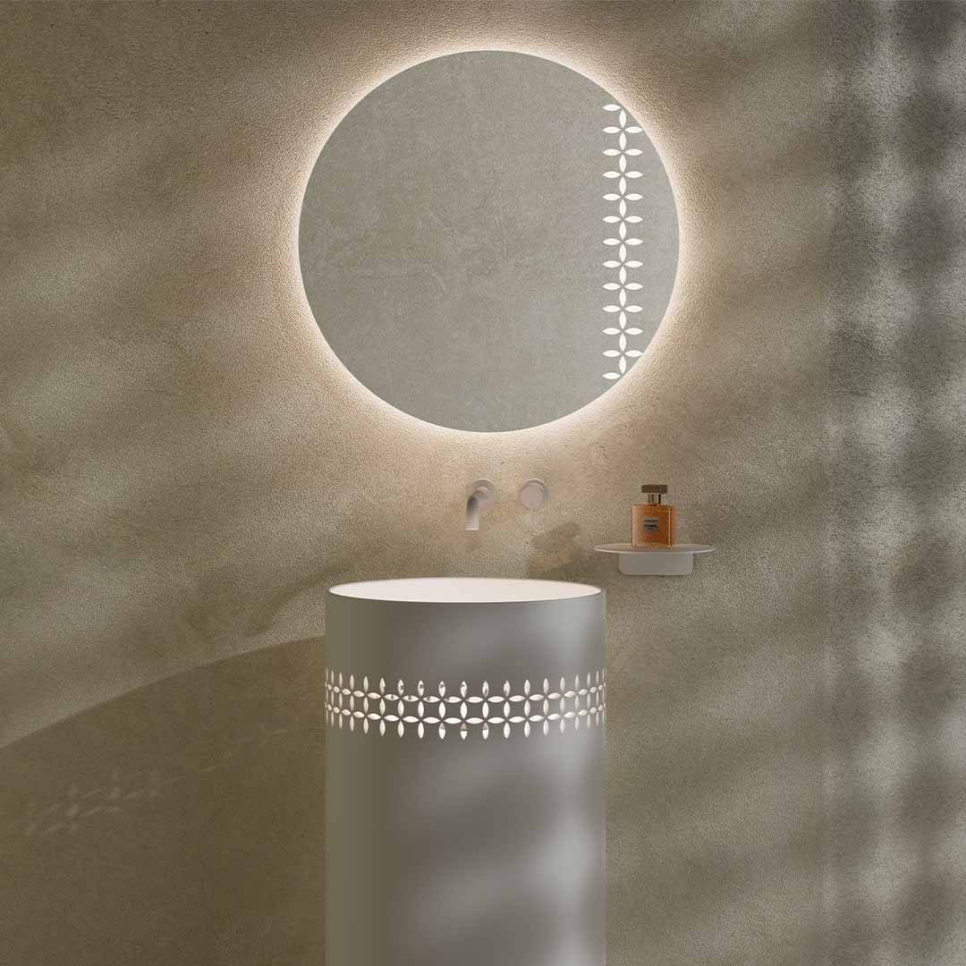 Set baie Linglong, cada cu LED, lavoar, oglinda si raft, din compozit, alb mat, MonBlari