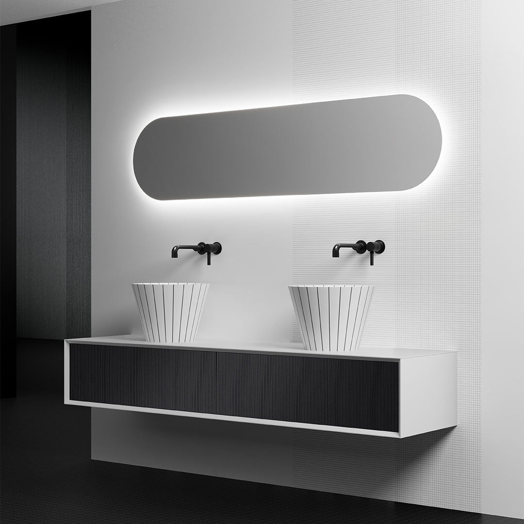 Set baie Swing, cada freestanding rotunda 135 cm si lavoar pe blat, din compozit, alb mat cu linii negre, MonBlari