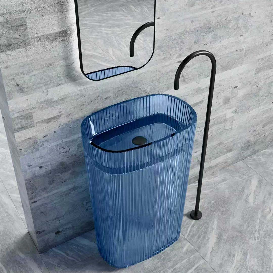 Set baie transparent, cada si lavoar freestanding, din rasina, albastru, MonBlari