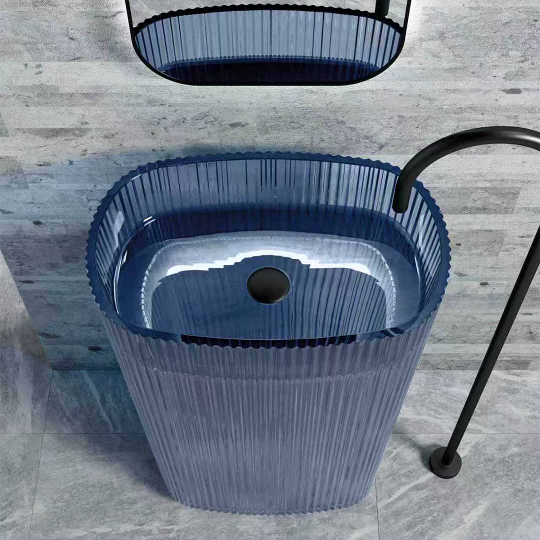 Set baie transparent, cada si lavoar freestanding, din rasina, albastru, MonBlari