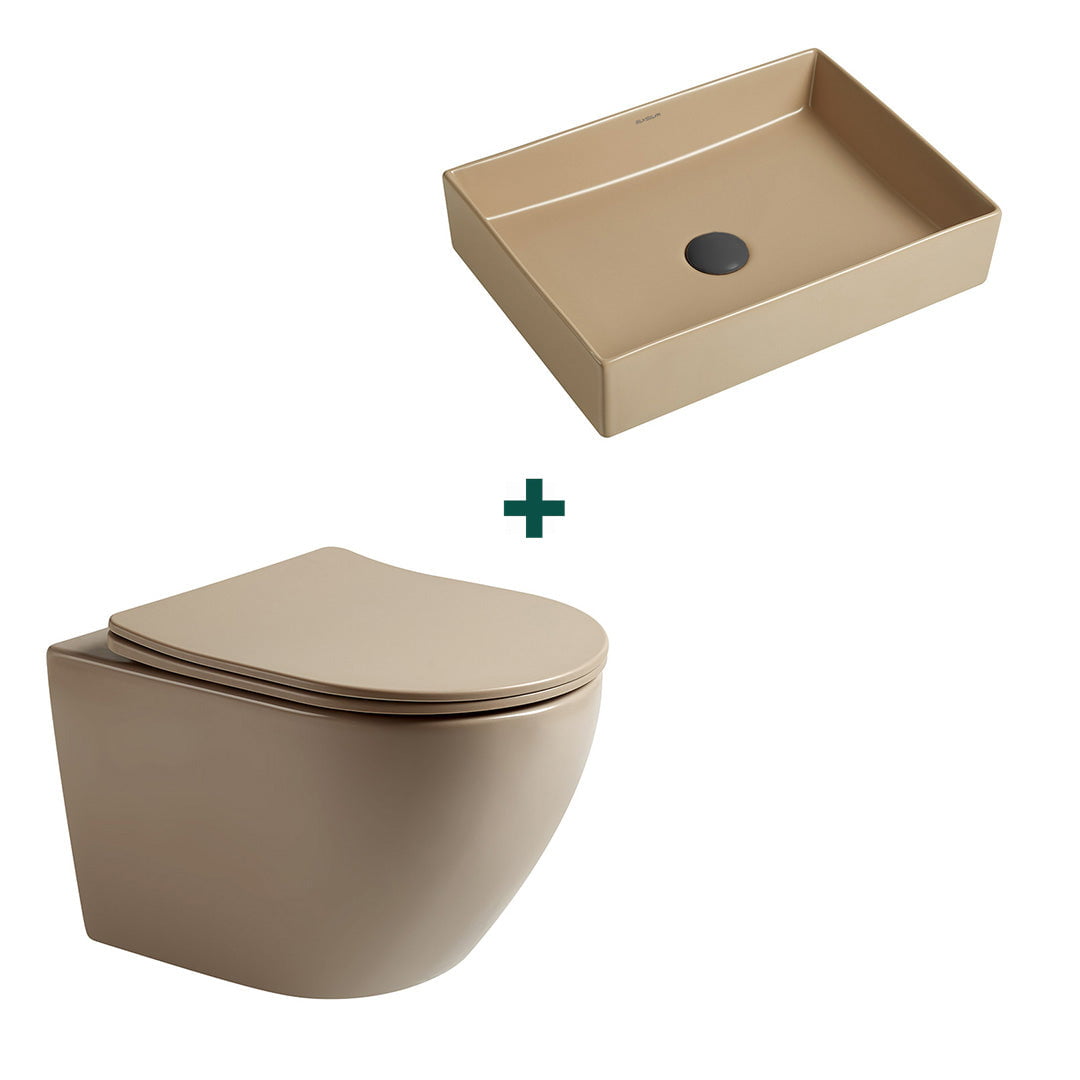 Set baie vas WC + lavoar dreptunghiular pe blat, din ceramica sanitara, cappuccino, Elysium