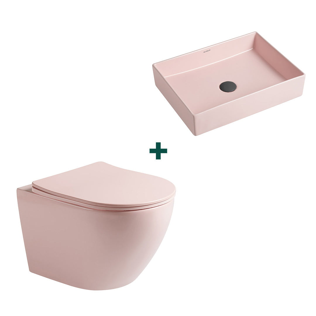 Set baie vas WC + lavoar dreptunghiular pe blat, din ceramica sanitara, roz mat, Elysium