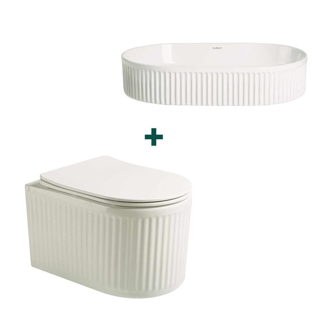 Set baie vas WC + lavoar pe blat, din ceramica sanitara, alb lucios, cu riflaje, Elysium