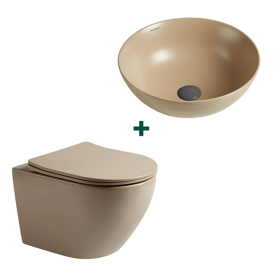 Set baie vas WC + lavoar pe blat, din ceramica sanitara, cappuccino, Elysium