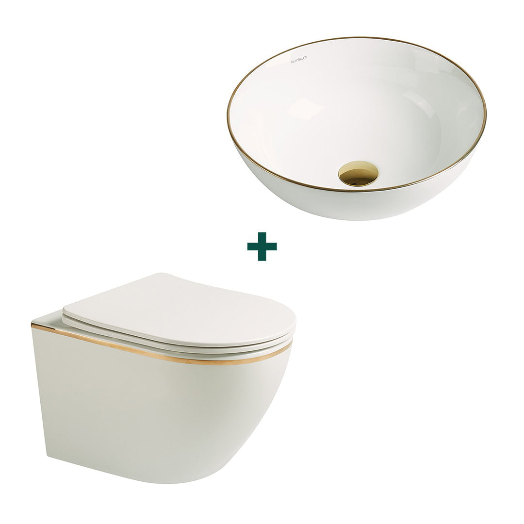 Set baie vas WC + lavoar pe blat rotund, din ceramica sanitara, alb cu linie aurie, Elysium