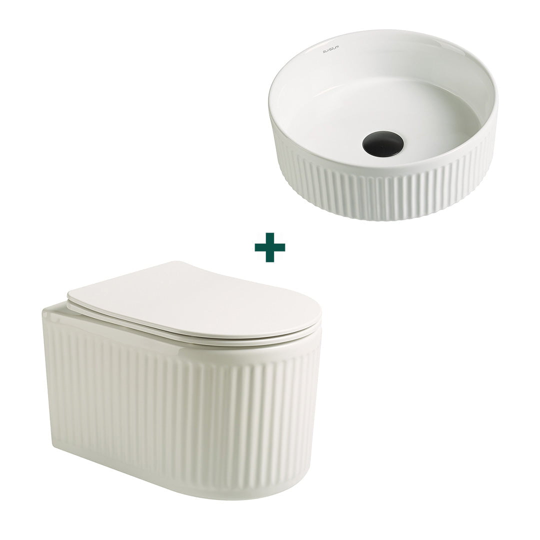 Set baie vas WC + lavoar rotund, din ceramica sanitara, alb lucios, cu riflaje, Elysium