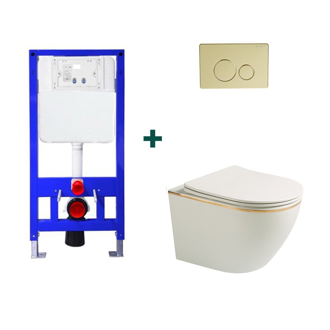 Set baie vas WC Setubal alb lucios cu cadru incastrat si clapeta aurie, Elysium