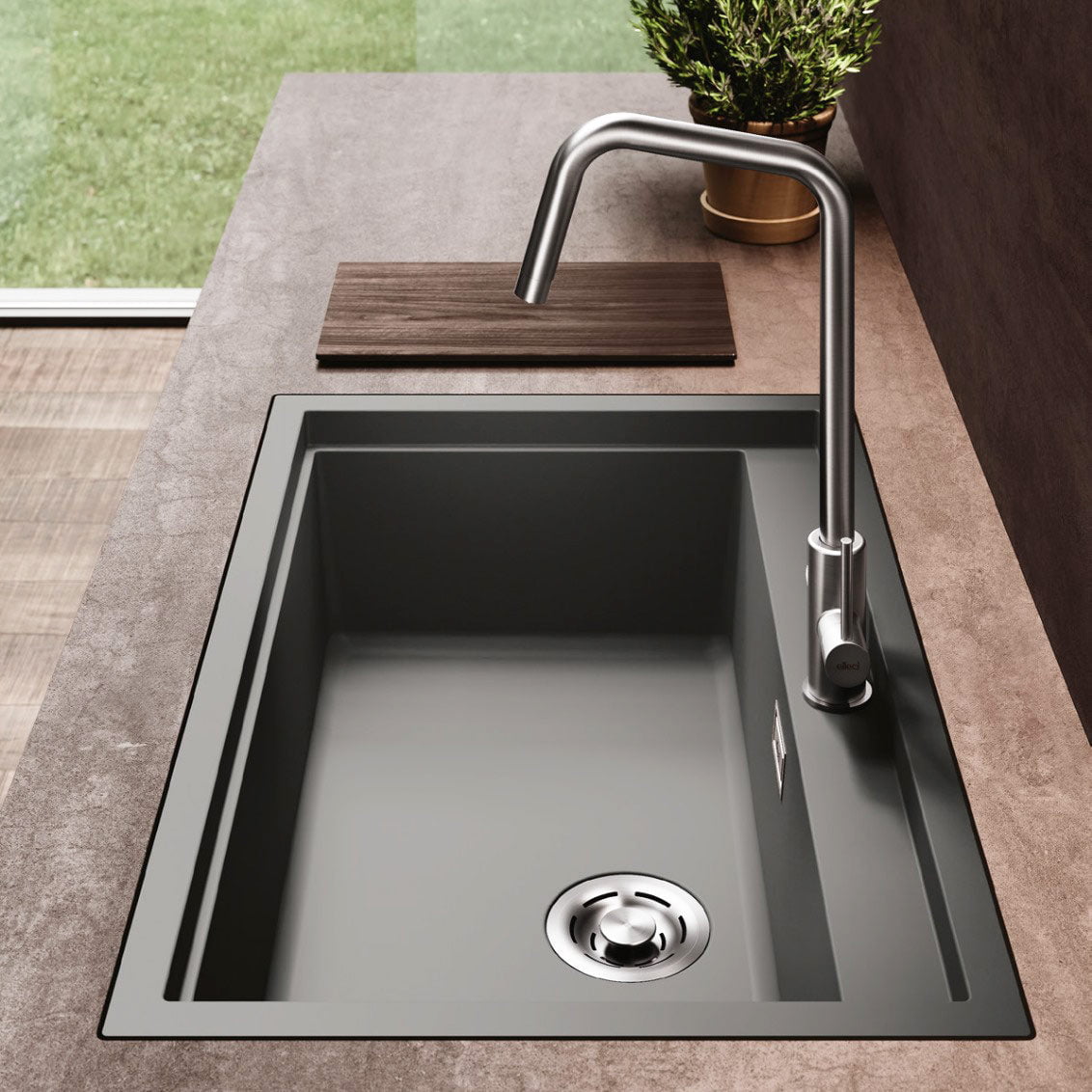Set chiuveta bucatarie compozit ceramic Invisible Sintesi 105 Neagra cu accesorii montaj, 570x500x217mm