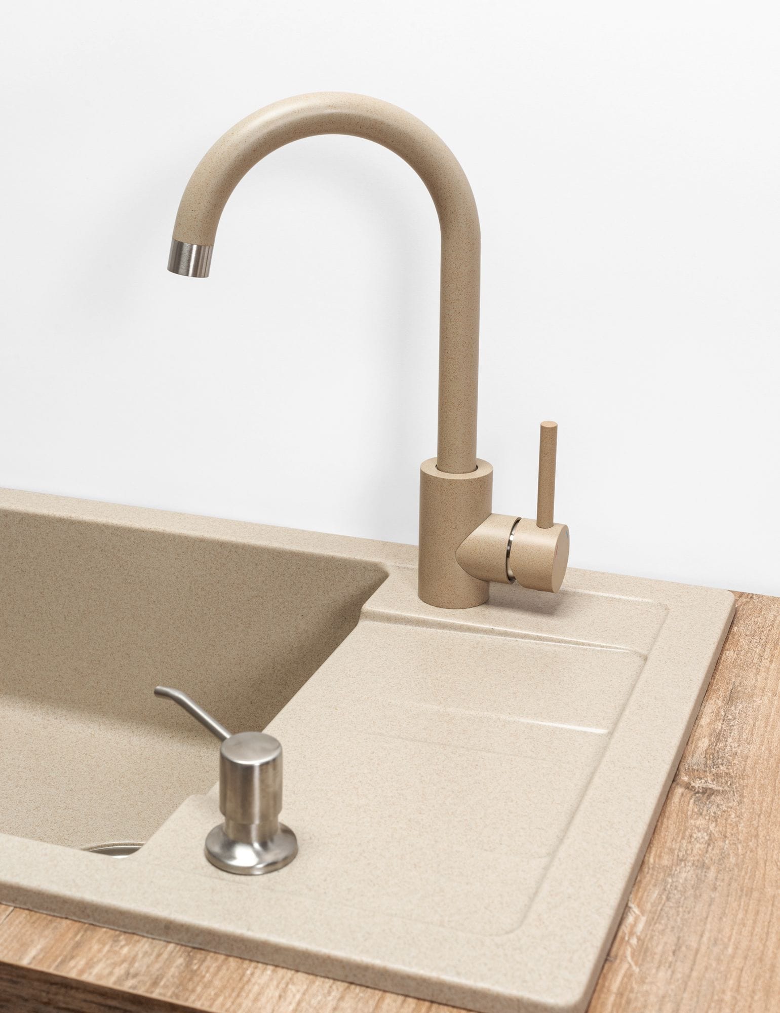 Set chiuvetă bucătărie granit Nils bej, baterie, dozator detergent, sifon și scurgere