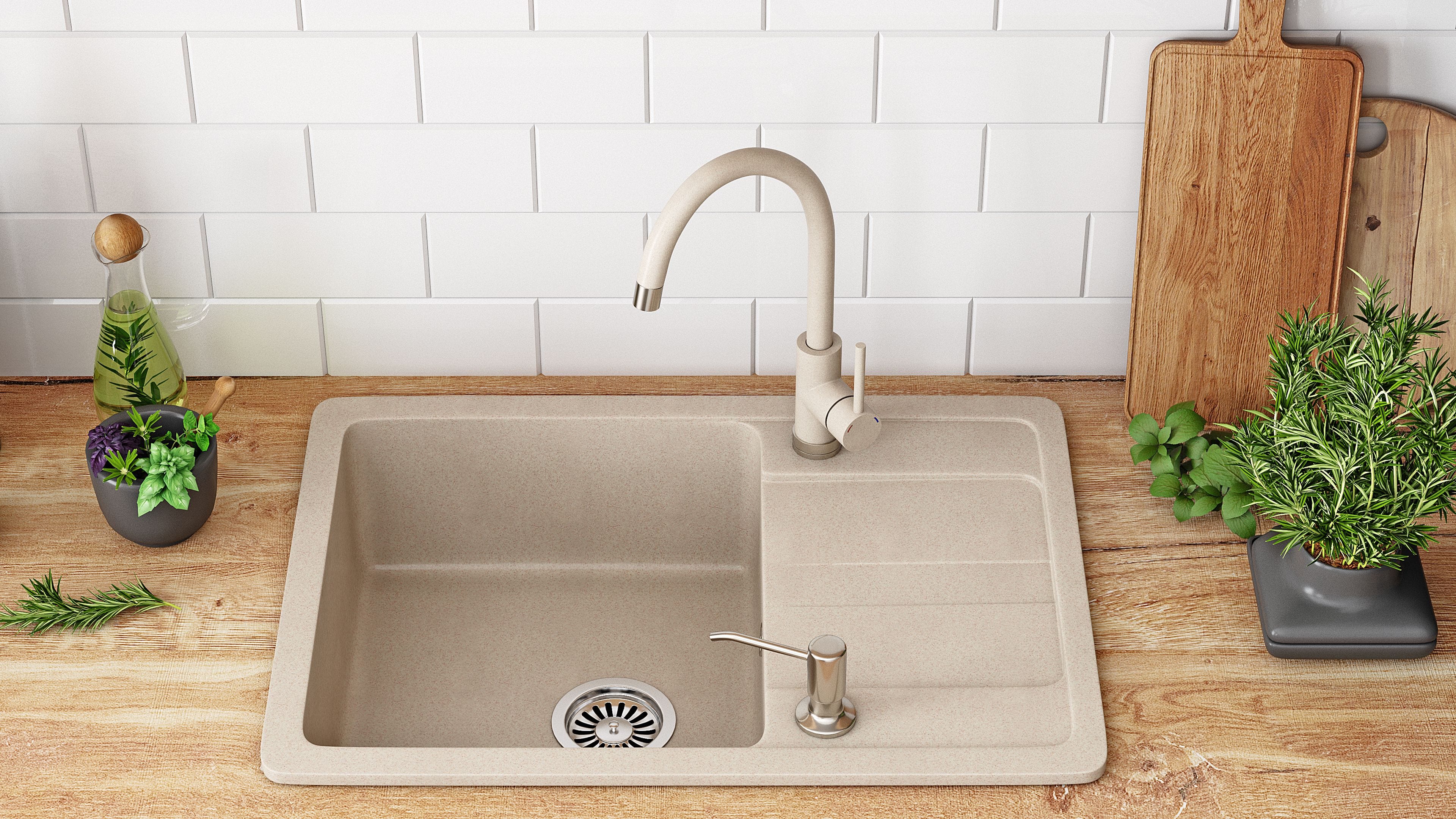 Set chiuvetă bucătărie granit Nils bej, baterie, dozator detergent, sifon și scurgere